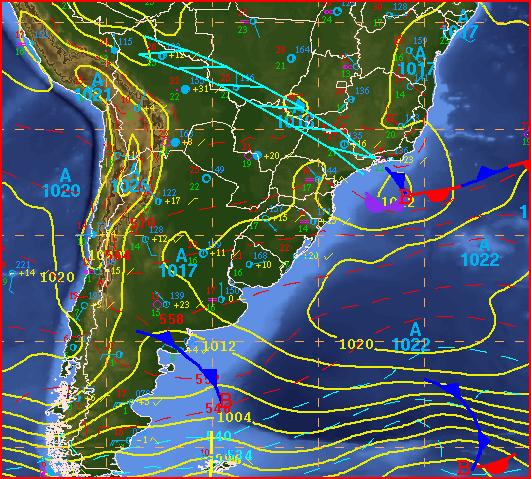 A Figura 17 (a, b e c) mostra um esquema das diferentes etapas relacionadas ao desenvolvimento de uma onda frontal subtropical segundo o modelo M1.