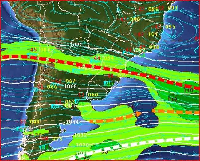 O mais interessante observado neste nível de 250 hpa é a presença do JST atravessando o continente de noroeste a sudeste e passando pelos estados de SC e PR.