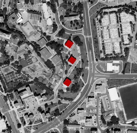 Figura 33 Fotografias aéreas do caso de estudo e dos edifícios adjacentes com as