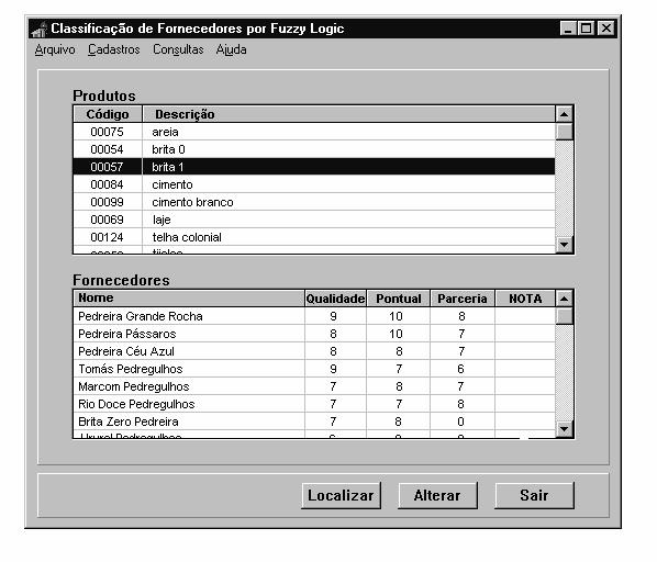 acesso ao banco de dados de produtos e fornecedores usando Borland C++Builder. A tela principal do sistema classificador é mostrada na Figura 5.