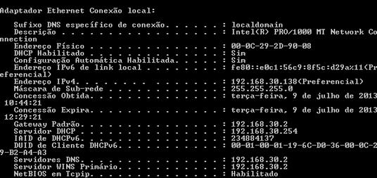 c. Abra um prompt na janela de comando e digite ipconfig /all. Localize as informações de Conexão de Área Local e compare com as informações exibidas na janela Detalhes da conexão de rede. d. Feche todas as janelas no desktop.