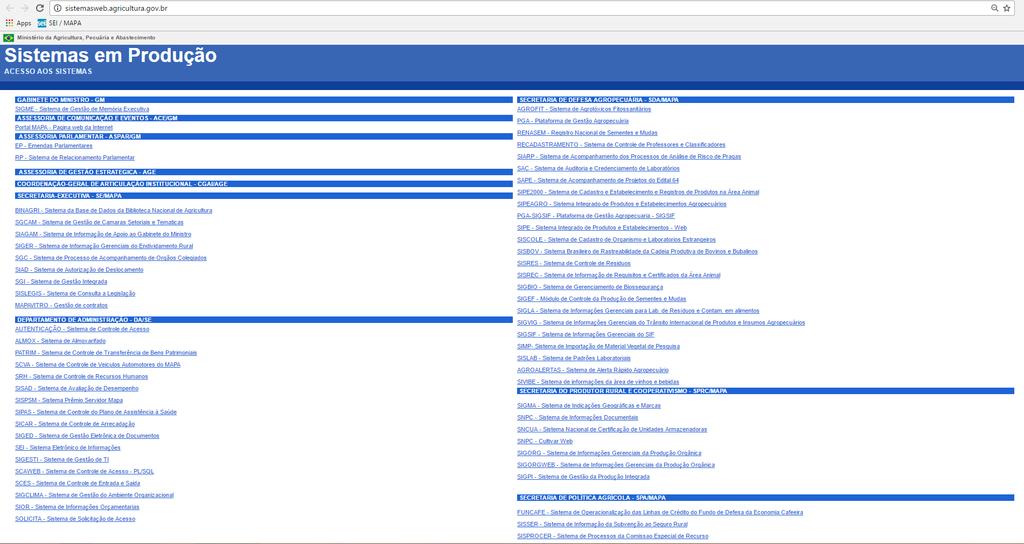 Na tela seguinte serão mostrados os Sistemas em Produção. Localize o SIPEAGRO Sistema Integrado de Produtos e Estabelecimentos Agropecuários.