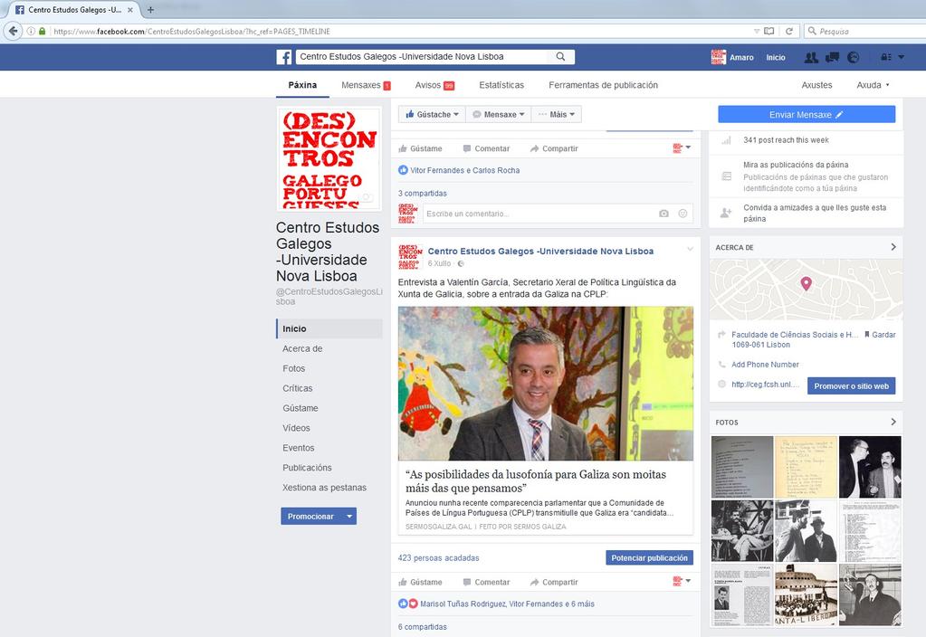[Captura de pantalla do Facebook do Centro de Estudos Galegos Universidade Nova de Lisboa] O envío de notas de prensa ten como obxectivo abrir a visibilización do noso traballo, e
