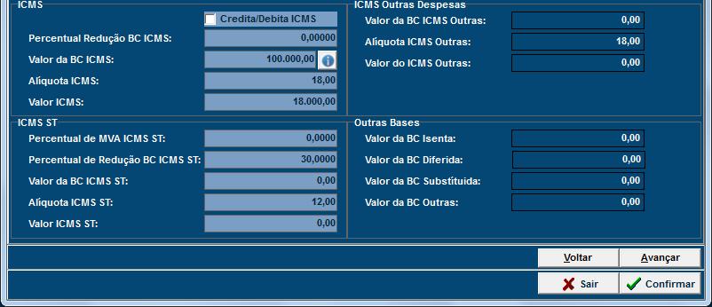 A seguir são apresentados os valores calculados para o item: O botão ao lado dos campos de base de calculo