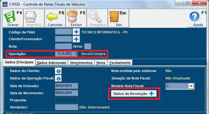 Cadastro de notas fiscais de devolução Também é possível fazer cadastro de notas fiscais de devolução, onde o processo de cadastro é semelhante ao