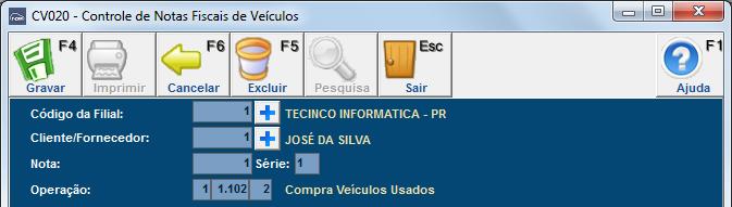 Cadastro de Notas Fiscais de Veículos O processo é realizado pela interface Cadastro de notas fiscais, encontrada em: Módulo CV Notas fiscais Cadastro de notas fiscais.