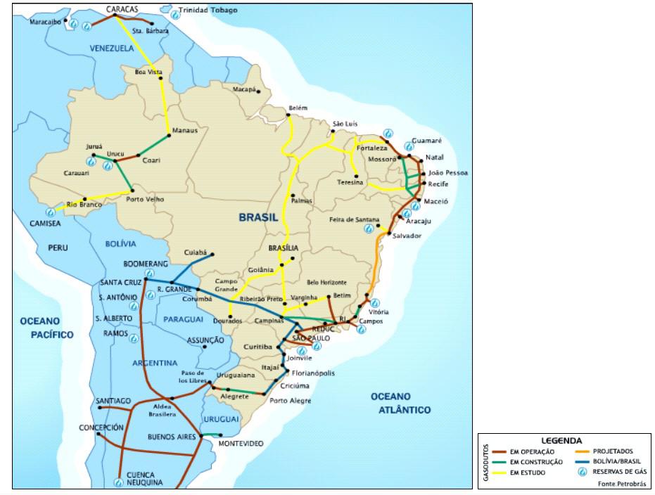 operação, construção e estudo, respectivamente. Figura 1.2 - Reservas de gás natural da América do Sul.