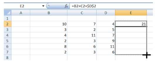 20) A Figura apresentada a seguir mostra parte de uma planilha do aplicativo Excel do Microsoft Office 2007. Na célula E2 desse aplicativo foi digitado =B2+C2+$D$2.