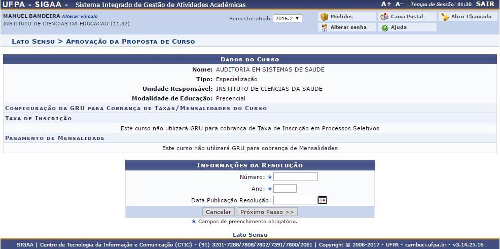 Nessa página o usuário deverá informar o Número e o Ano da portaria de aprovação do curso. Após informar os dados necessários, clique em Aprovar. 1.