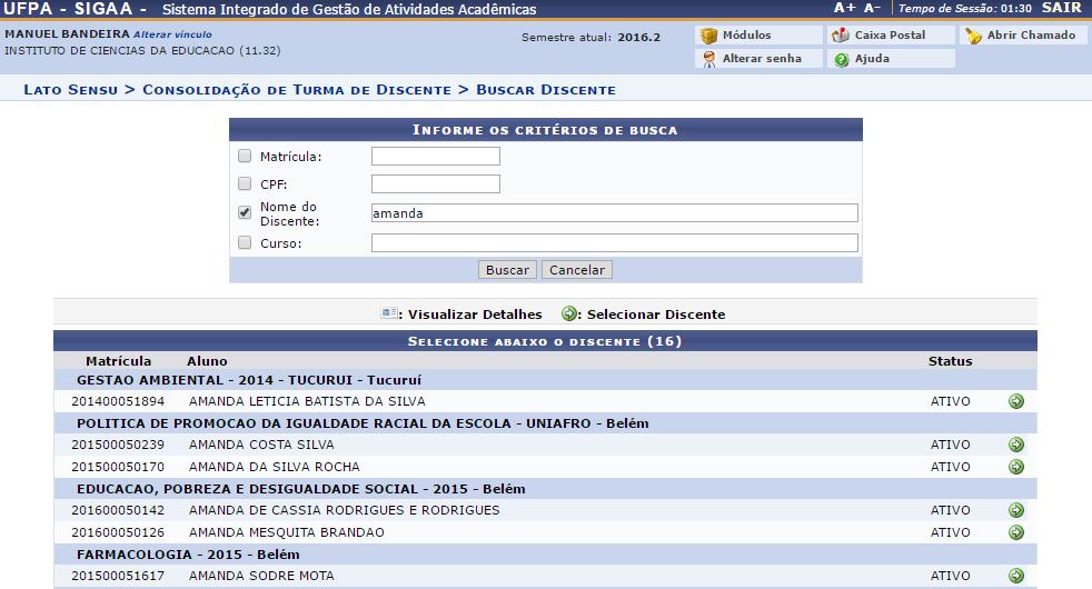 Será exibida uma lista com