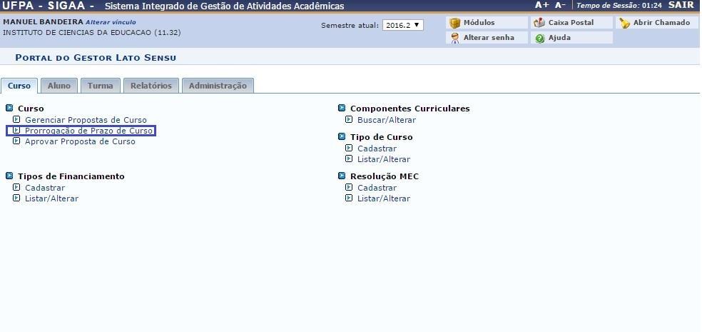 1.3) Prorrogação de Prazo de Curso Esta área do SIGAA permitirá que os usuários do sistema na