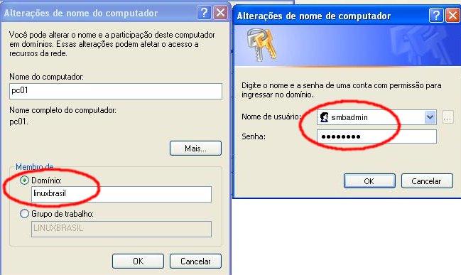 Configuração no Windows XP Professional Edition A configuração é idêntica a configuração de grupo de trabalho Toque apenas a opção Grupo de trabalho por Domínio, informando o nome de domínio definido