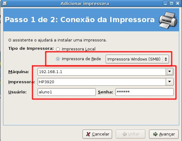 Pelo Kde - Kaddprinterwizard Os passos são os mesmos para uma instalação local, onde será necessário escolher a opção Impressora SMB compartilhada (Windows), primeiramente terá que escolher a