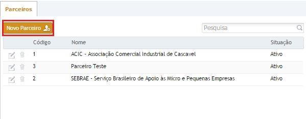 Figura 29 Tela de Parceiros Na tela de cadastro de parceiros, informe o nome do parceiro, o tipo do documento, que será impresso ao agendar um evento no atendimento, a situação (ativo ou inativo,