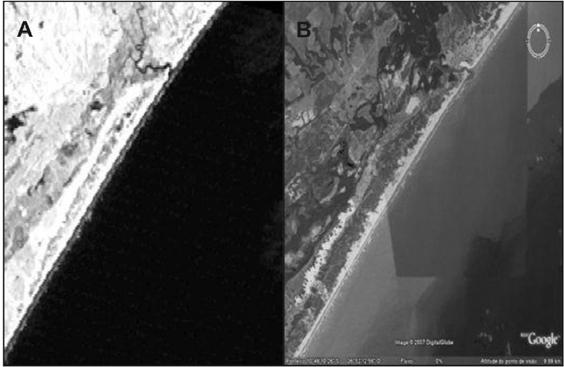 Figura 2. Foz do Rio Japaratuba. (A) Imagem de satélite do ano de 1979. (B) Imagem aérea do ano de 2004. Este estuário apresenta constante mudança da geometria de sua desembocadura.