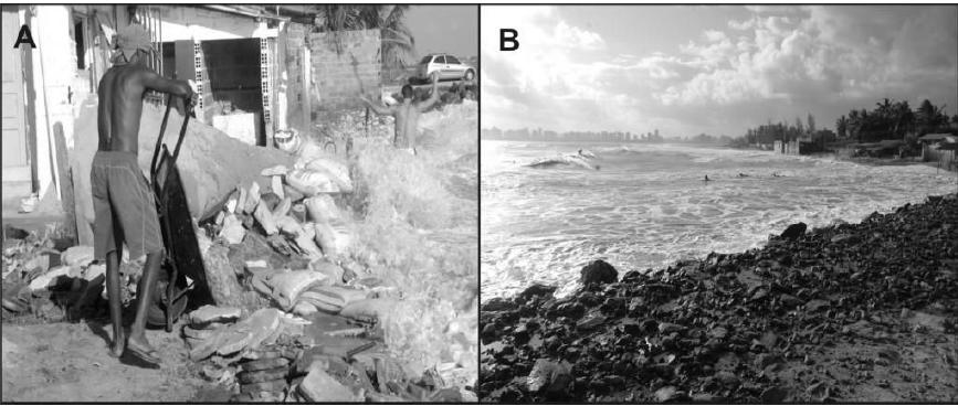 Figura 5. Erosão costeira na Atalaia Nova. (A) Avanço do mar sob as habitações. (B) Molhe instalado na praia.