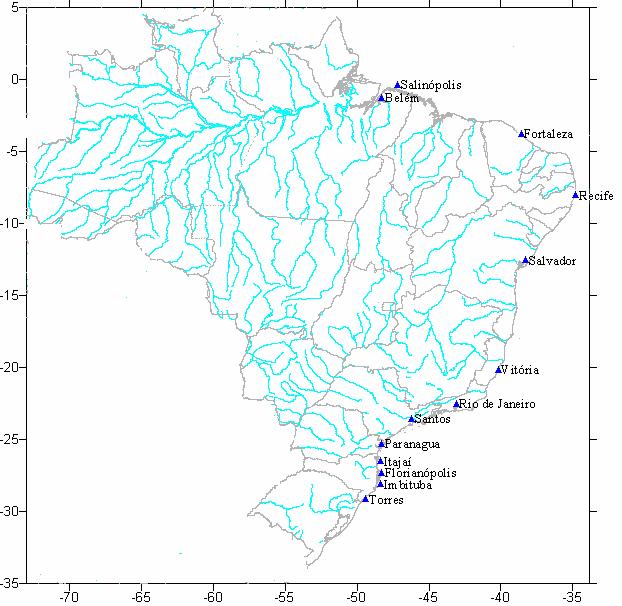 Figura 3.13 Localização dos rios e marégrafos implantados na costa brasileira A partir da salinidade (Figura 3.14) e temperatura (Figura 3.