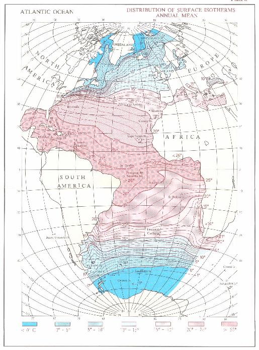 Figura 3.15 Mapa de temperatura da água no oceano Atlântico (Fonte: Tchernia 1980 ) A Tabela 3.