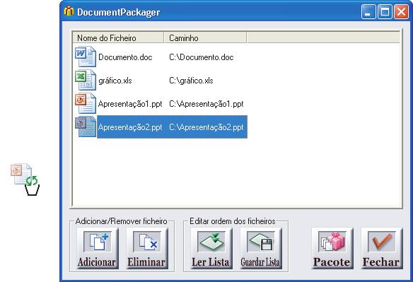 17 Actualizar ficheiros empacotados. Abra um ficheiro de lista de pacotes. Para remover ficheiros da lista, arraste e largue-os fora do ecrã do Document Packager.