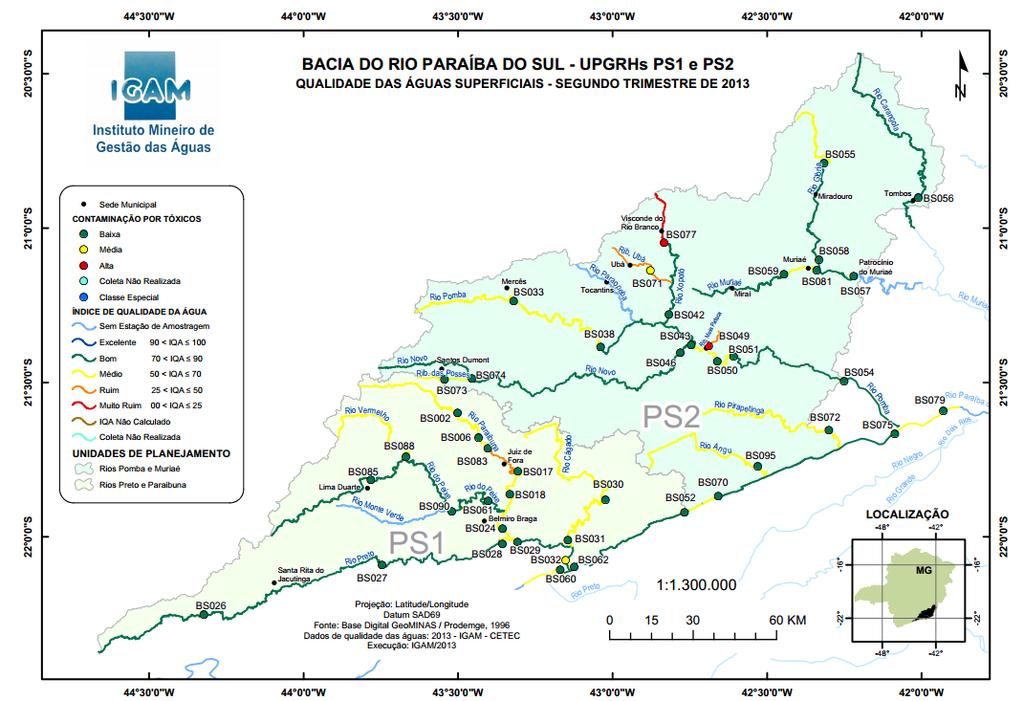 Figura 6: Mapa qualidade das águas superficiais Bacia do Rio Paraíba do Sul Fonte: IGAM, 2013 A captação do tipo superficial de 150 L/s outorgados se dá no Rio Carangola (Figura 7) a montante da