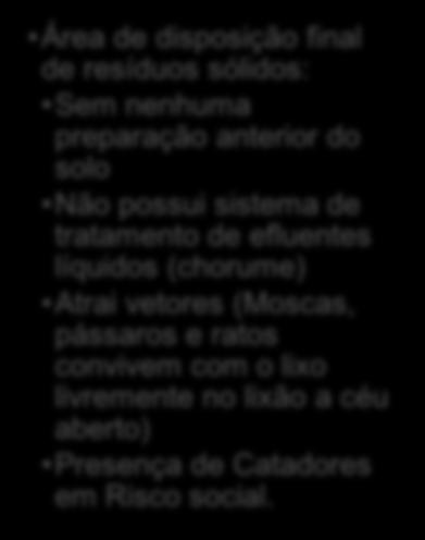 Lixão Aterro Controlado Aterro Sanitário Área de disposição final de resíduos sólidos: Sem nenhuma preparação anterior do solo Não possui sistema de tratamento de efluentes líquidos (chorume) Atrai