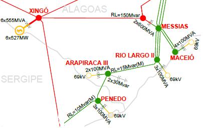 6.12 Atendimento a Maceió A seguir é ilustrada a malha de transmissão de suprimento a Maceió, atendida pela SE Maceió. Figura 6.12-1 Malha de suprimento à Maceió 6.12.1 Carga Prevista durante o Carnaval 2017 A Tabela 6.