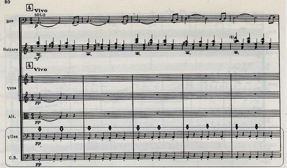 83 Figura 117: Concerto, III Movimento - nº 4 de ensaio - orquestra O uso das cordas soltas do instrumento como referência harmônica e melódica volta a acontecer neste trecho exemplificado na figura