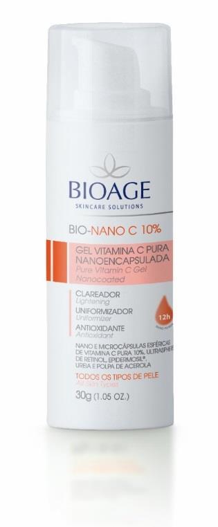 TRATAMENTO HOME CARE BIO NANO C 10% GEL VITAMINA C PURA NANOENCAPSULADA 30G Um dos recordes de vendas da Bioage, o gel de clareamento facial, tem ação antioxidante, ideal para auxiliar clareamento de