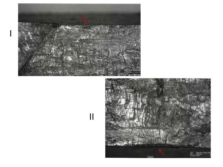 Figura 5 -: (I) Origem da fadiga na primeira área indicada pela seta (II) Origem da fadiga na segunda área indicada pela seta.
