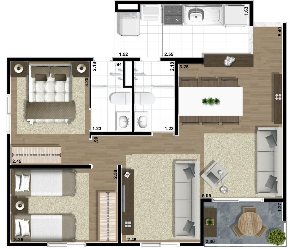 Planta 61m² - LIVING AMPLIADO Material sujeito a alteração