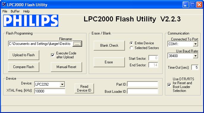 Passo 19. Abra o programa do Utilitário Flash LPC2000 em seu computador. Passo 20. Confirme a seguinte configuração no programa do Utilitário Flash LPC2000 a. Em Programação Flash - Clique no botão.