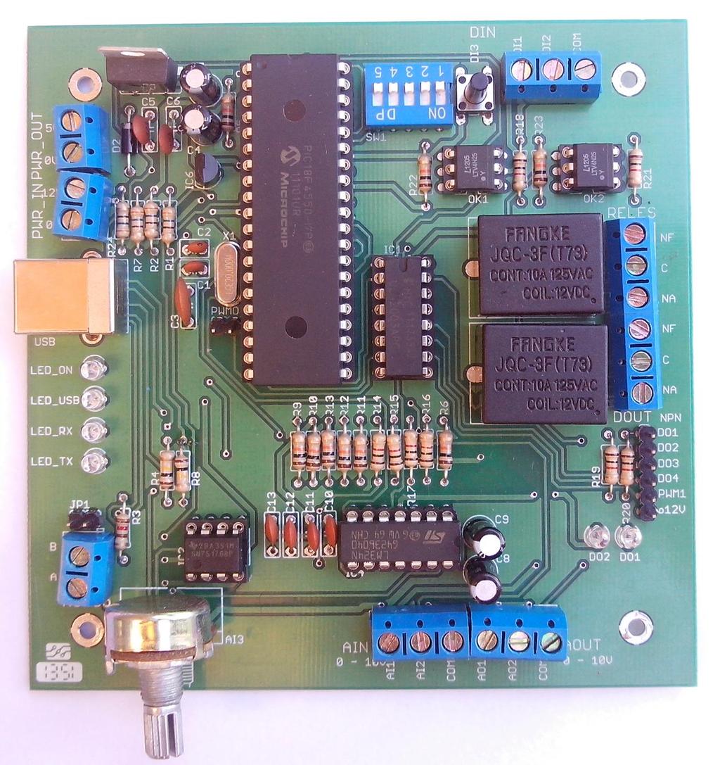 5 Manual do dispositivo escravo Modbus Layout da placa A placa apresenta os seguintes componentes principais: Dip Switches Chave Táctil Entradas Digitais Saída 5 V 1 A