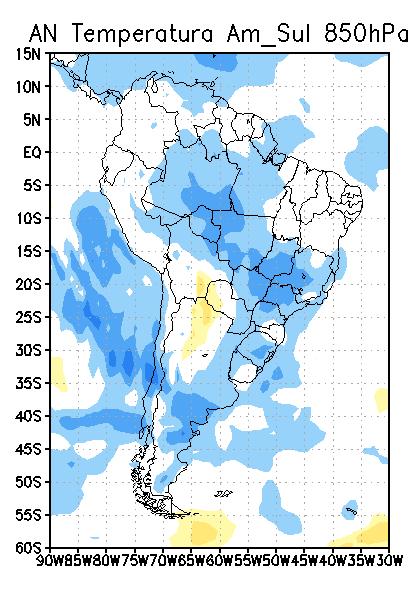 Secção transversal vertical média longitudinal na América do Sul: pode-se observar um ganho em praticamente todos os níveis de pressão.