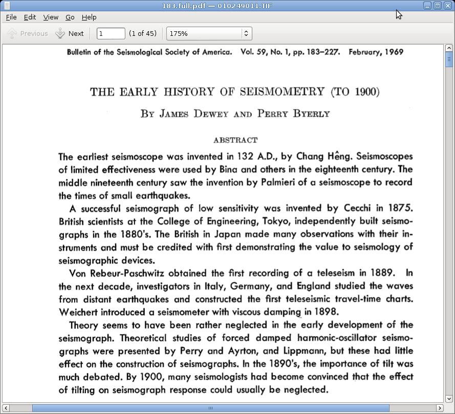 Mais informações The Early History of Seismometry (to 1900); Dewey, J., Byerly, P.