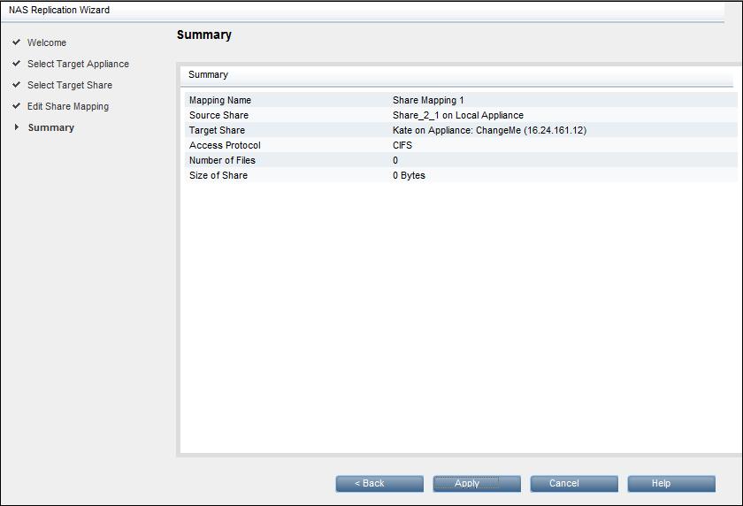 10. A tela Resumo é mostrada. Clique em Aplicar para criar a configuração do mapeamento de compartilhamento. A replicação dos arquivos iniciará imediatamente.
