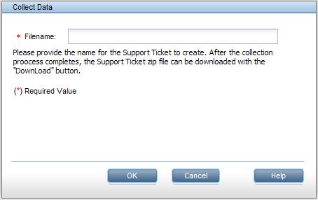 Coleta de dados Selecione a opção Configuração do dispositivo Ticket de suporte Coleta de dados na árvore do Navegador. Essa página fornece um log de coletas de dados que foi gerado.