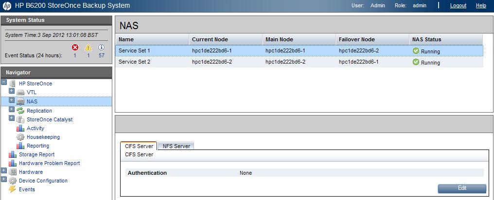 4 Funções NAS Esta página fornece acesso às seguintes funções NAS StoreOnce: Configuração NAS [35], que permite aos usuários configurar servidores e permissões CIFS e NFS Compartilhamentos (NAS)