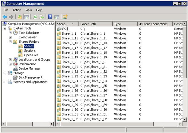 Selecione a opção Pastas compartilhadas -> Compartilhamentos para exibir os compartilhamentos disponíveis no Sistema de backup StoreOnce.