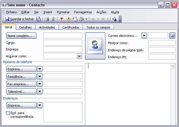 Criar um novo contacto Para criar um novo contacto deve aceder ao menu Acções Novo contacto ou utilizando botão Nova.