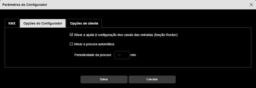 3.6.2.1 KNX - Clicar no separador KNX para visualizar: O endereço físico KNX do Configurador, Estado: ligado ou não, - Clicar em Ligar ou Desligar de acordo com o pretendido.