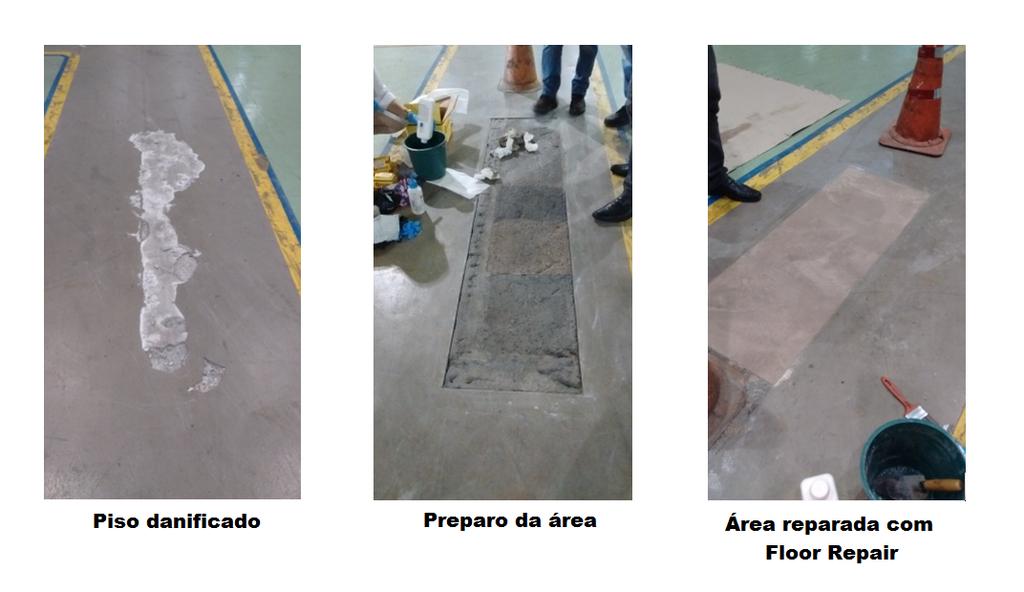 Piso danificado Preparo da área Área reparada com Hard FR 117 2.