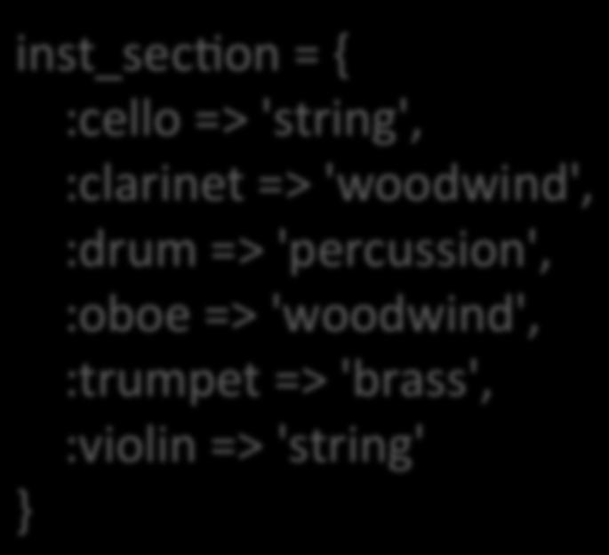 Arrays e Hashes Nos hashes são uplizadas chaves para a inserção e recuperação de elementos inst_secpon = { :cello =>