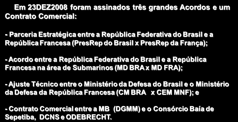 ACORDOS E CONTRATO COMERCIAL Em 23DEZ2008 foram assinados três grandes Acordos e um Contrato Comercial: - Parceria Estratégica entre a República Federativa do Brasil e a República Francesa (PresRep