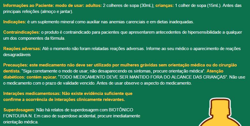 Imagem extraída do site da marca Além disso, conforme consta na tabela nutricional disponibilizada no site e nas embalagens, o medicamento contem sacarose, metilparabeno, sorbato de potássio, corante