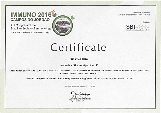 48 Relatório de Atividades 49 Pesquisa sobre esclerose sistêmica desenvolvida no CTC USP vence o maior prêmio de imunologia da América Latina O pesquisador Lucas Arruda recebeu o Prêmio Thereza