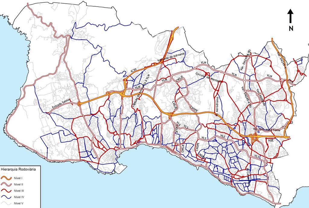 A Figura 11 apresenta a proposta de hierarquia da rede rodoviária futura (cenário 2021).