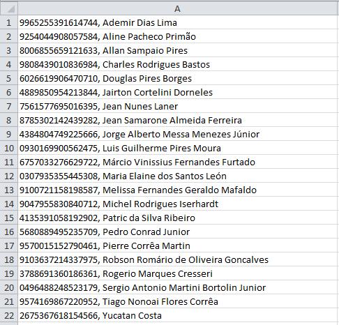 2.1.3 Lista de Nomes Ministério da Educação Uma forma de criar uma lista de nomes é o seguinte: 1º. No excel, coloque primeiro o número do currículo vírgula Nome completo (Exemplo Imagem 2). 2º.