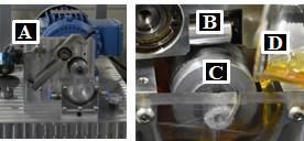 Test utilizado no teste de lubricidade das amostras de óleos, (B) Pino de Alumínio e (C) Anel giratório de metal duro e (D) amostra do óleo comercial.