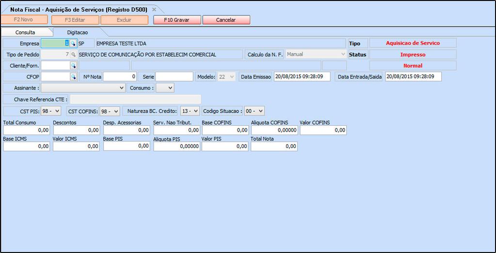 Vale lembrar que para cada tipo de nota fiscal de serviço, há um Tipo de Pedido a ser vinculado no sistema. Após cadastrar clique em F10 Gravar para finalizar a operação.