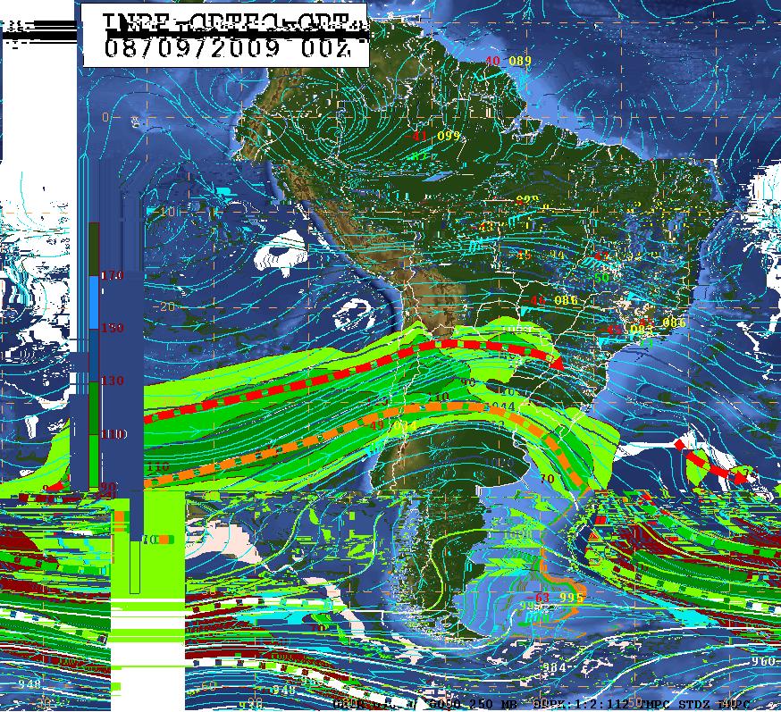 É observado também, neste nível, o gradiente de temperatura entre o oeste da Região Sul do Brasil e o centro da Argentina, variando de - 12 C a -30 C.